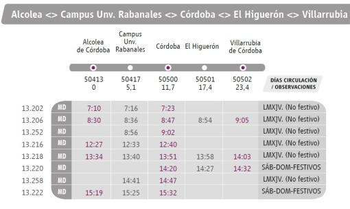 Los horarios entre Alcolea y Villarrubia