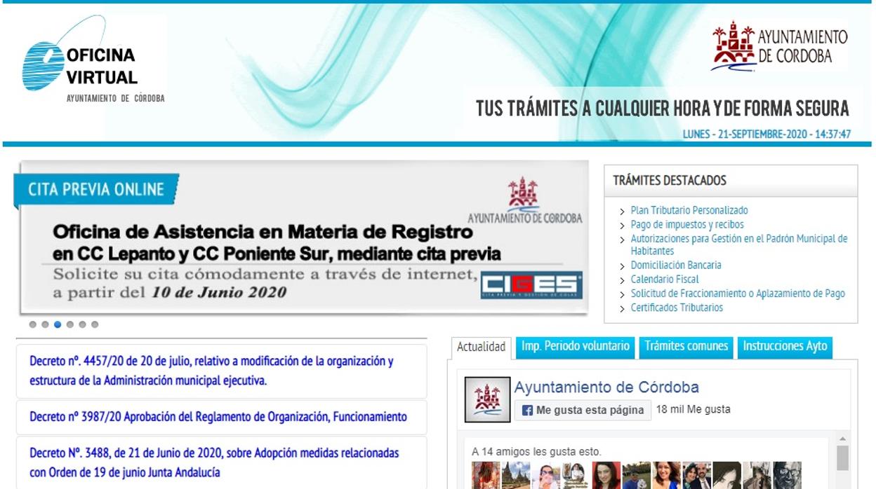 Captura de la página web con la oficina virtual