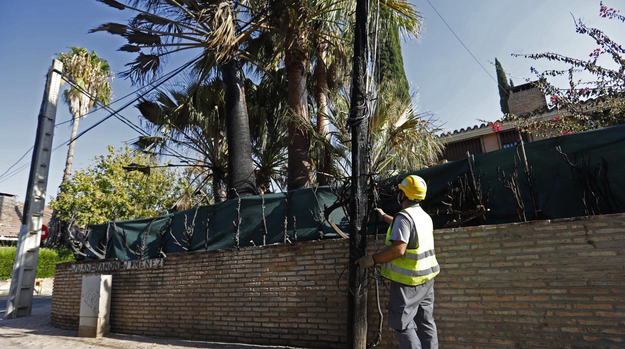 Un operario frente a uno de los chalés incendiados de forma intencionada este verano en El Tablero