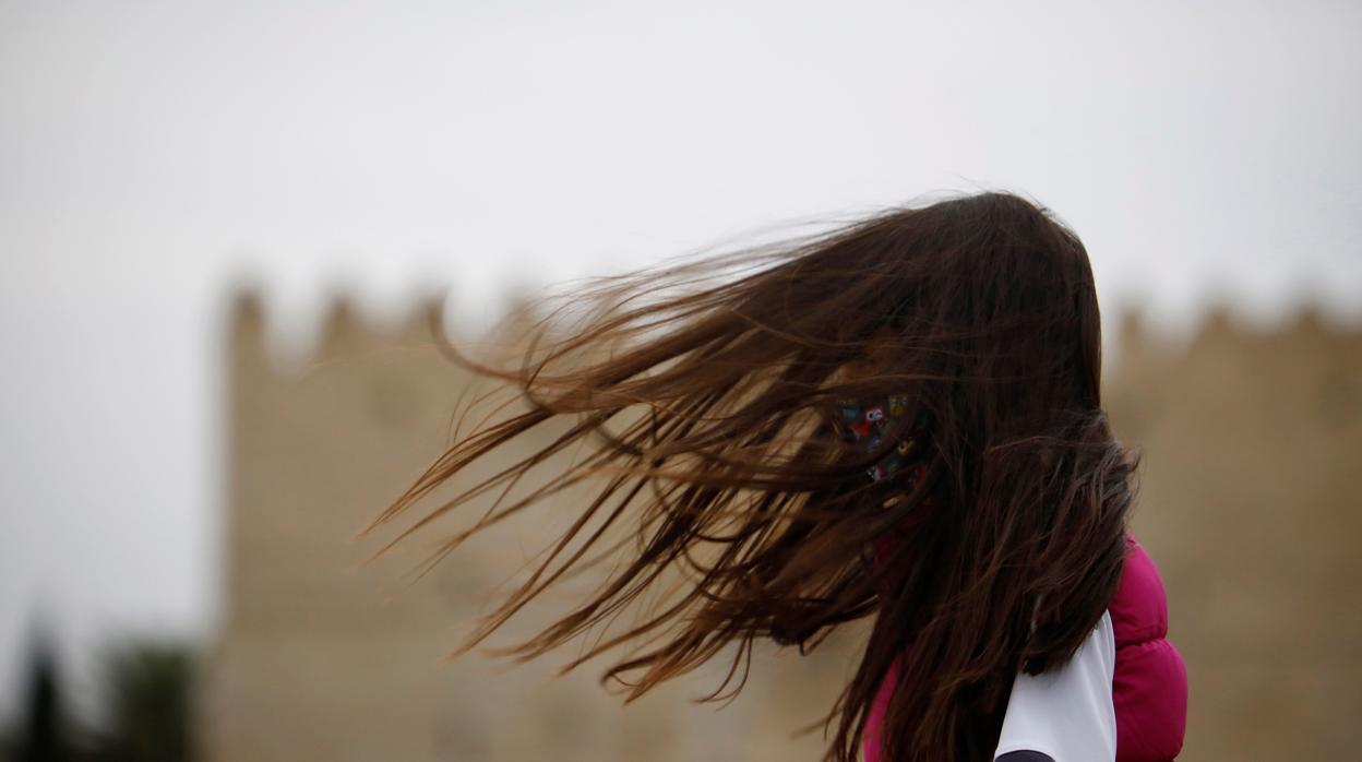 Una joven con el pelo revuelto por el viento ante la Torre de la Calahorra en Córdoba