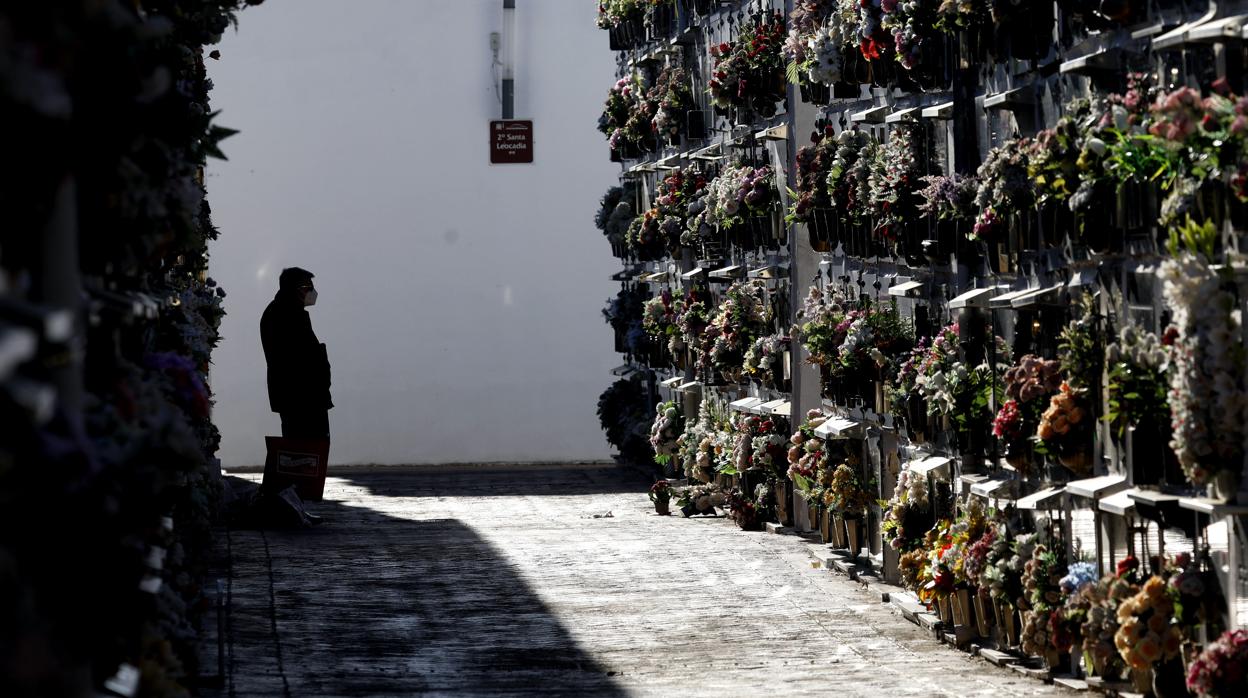 Un hombre delante de una fila de nichos