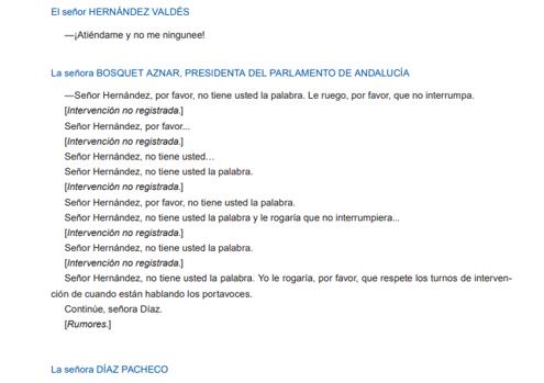 El acta oficial del Parlamento omite los exabruptos del portavoz de Vox, Alejandro Hernández