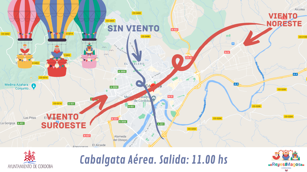 Mapa de los recorridos posibles dependiendo de la dirección del viento el 5 de enero