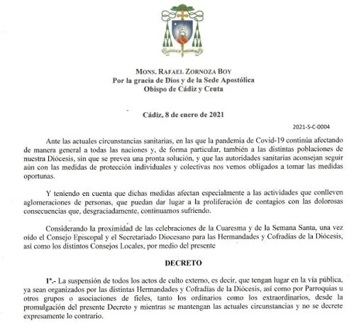 Cádiz tampoco tendrá procesiones de Semana Santa este 2021