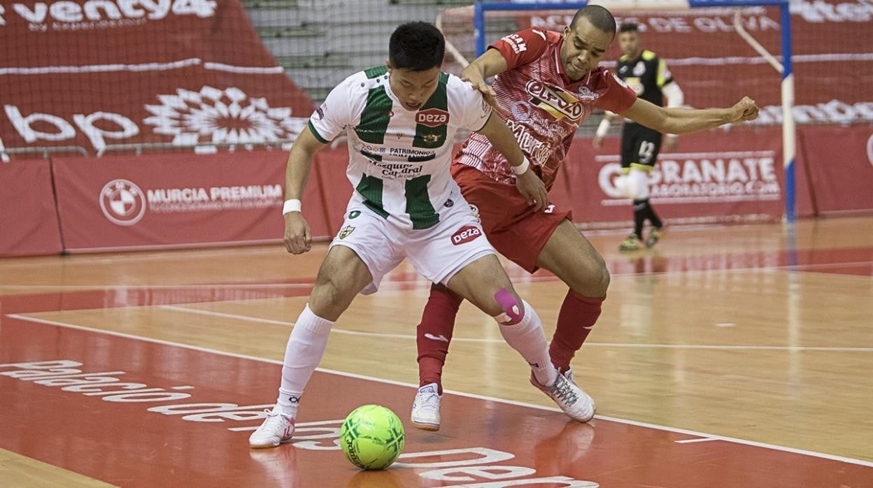 El pívot del Córdoba Patrimonio Shimizu protege el balón este miércoles ante ElPozo Murcia