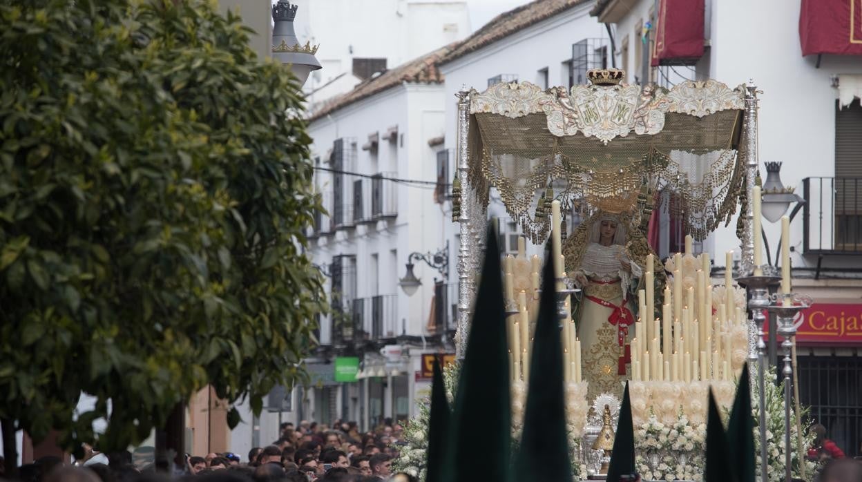 Nazarenos ante María Santísima de la Esperanza un Domingo de Ramos de Córdoba