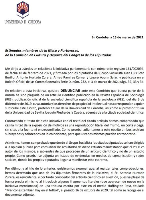 Carta de denuncia de los hechos remitidos por Moscoso al Congreso