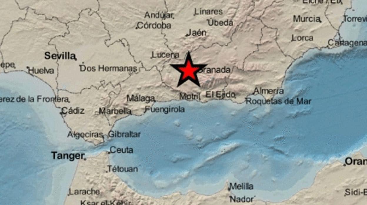 La estrella marca el epicentro del terremoto de este domingo en Granada