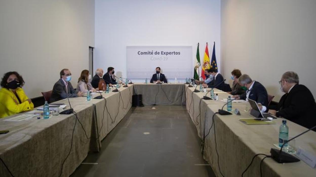 Juanma Moreno presidiendo el Comité de Expertos en el Palacio de San Telmo