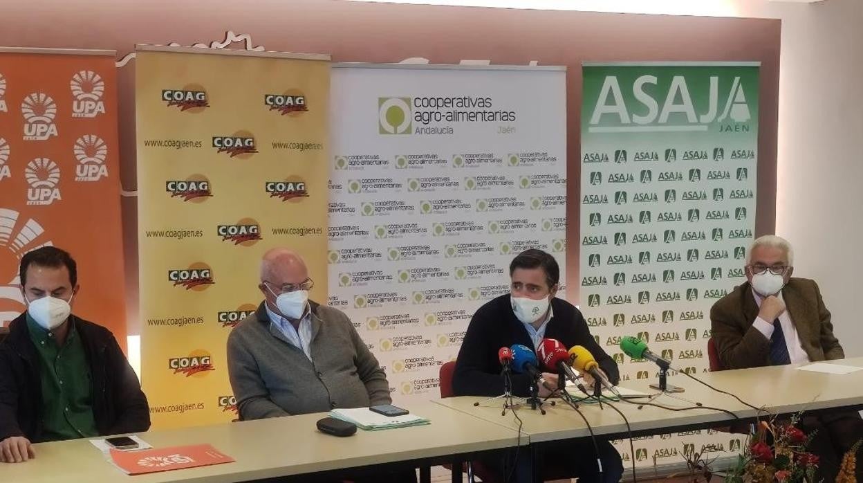 Dirigentes de UPA, Asaja, COAG y Cooperativas Agro-alimentarias, durante la rueda de prensa