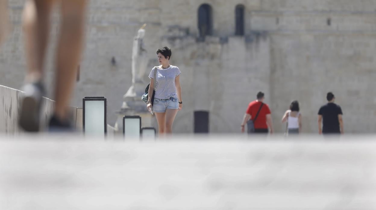 Una joven con manga corta en el Puente Romano