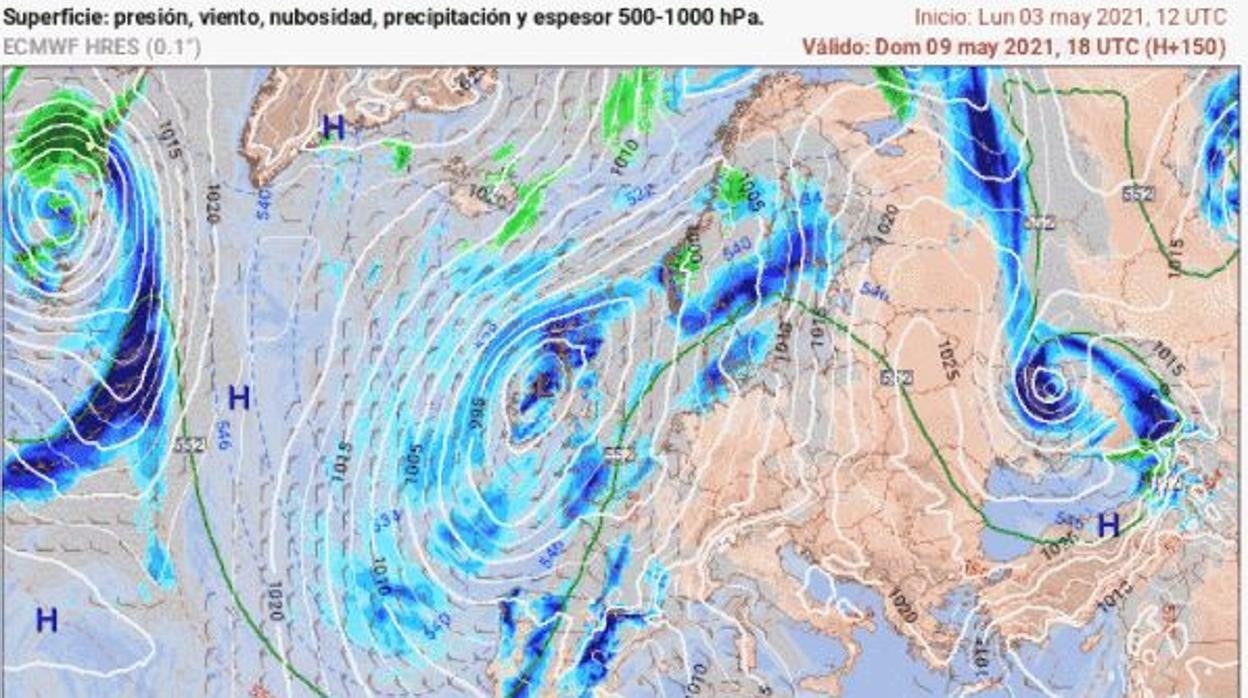 Modelo predictivo que muestra la evolución de la borrasca el próximo dom ingo