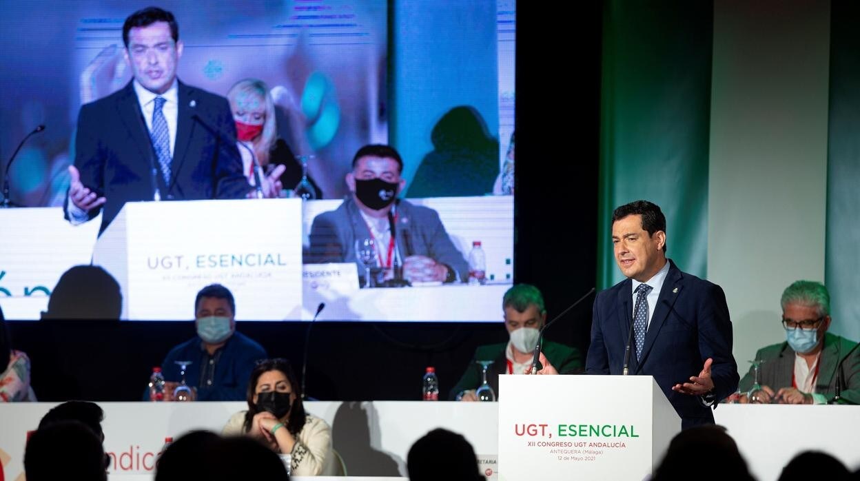Juanma Moreno, durante su intervención en la inauguración del 12º Congreso Ordinario de UGT
