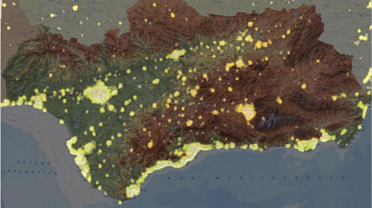 Mapa de la contaminación lumínica en Andalucía