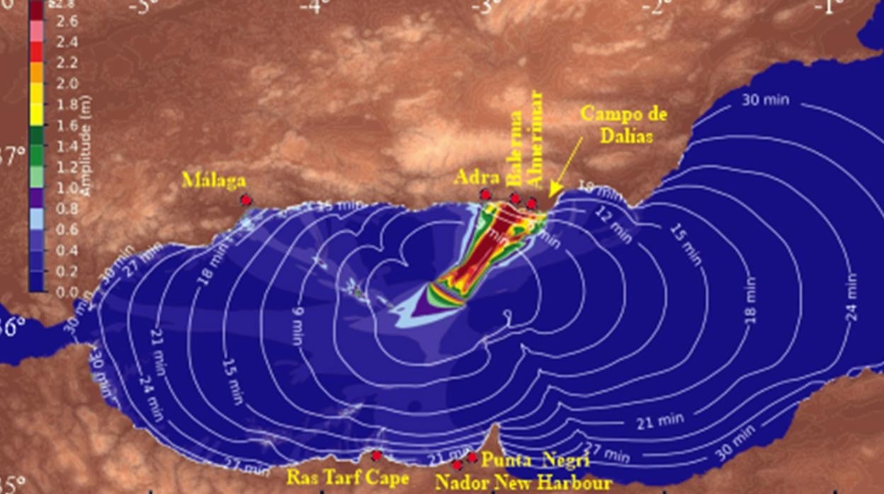 Modelo de propagación del tsunami y áreas del litoral que se verían afectadas.