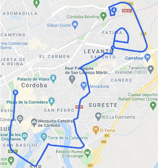 Imagen del recorrido que tiene la caravana de protesta de los trabajadores de Aucorsa