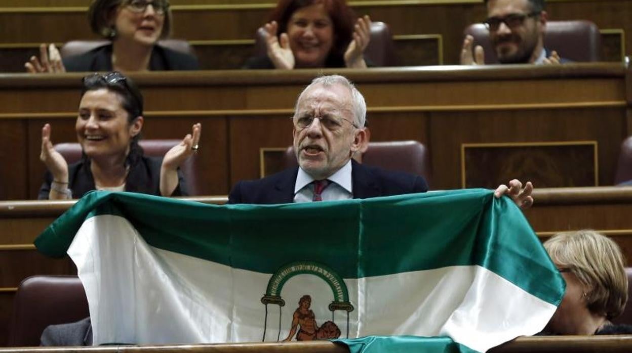 Manuel Pezzi muestra una bandera de Andalucía desde el escaño que ocupaba en el Congreso de los Diputados en el año 2015