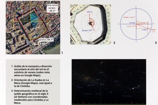 Detalle de la exposición que muestra la orientación de la Mezquita de Córdoba y la Kasbaa de la Meca, prácticamente idénticas, con imágenes de Google Maps