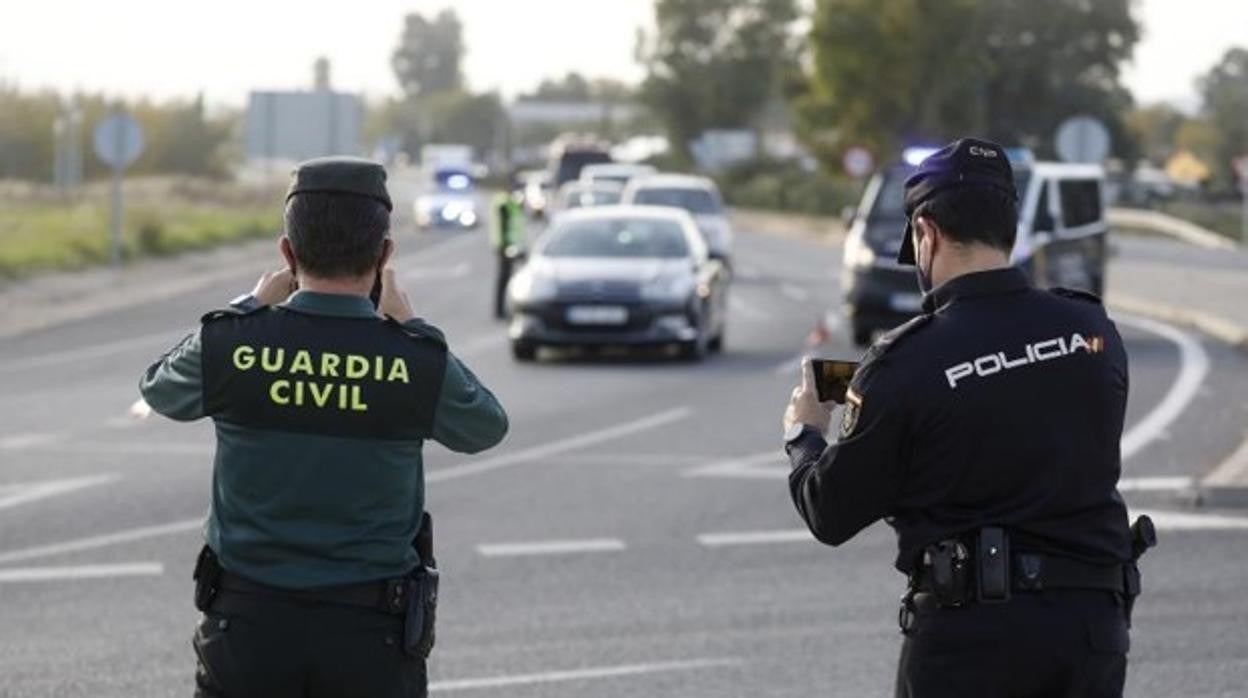 Un agente de la Guardia Civil y otro de la Policía Nacional durante un control