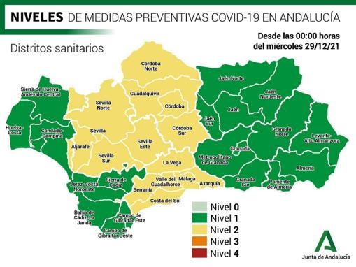 Niveles de alerta de los distritos sanitarios en Andalucía a día de hoy