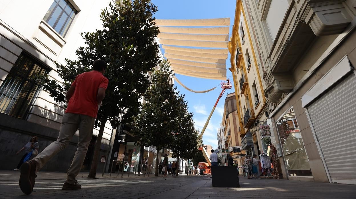 Instalación de los toldos en la calle Cruz Conde de Córdoba