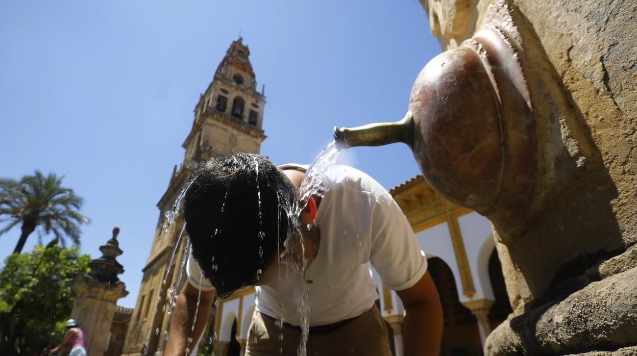 Un turista se echa agua en la cabeza en una de las fuentes del Patio de los Naranjos de Córdoba