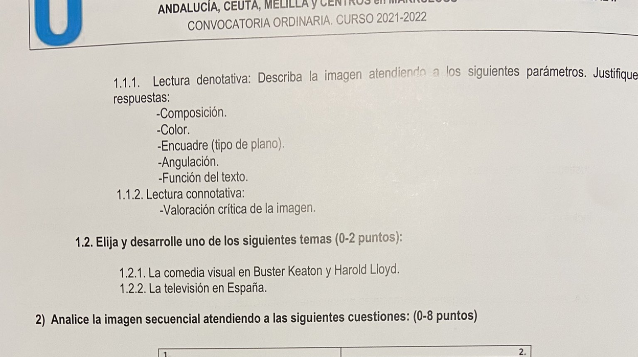 Examen de cultura audiovisual en las pruebas de Selectividad de Andalucía