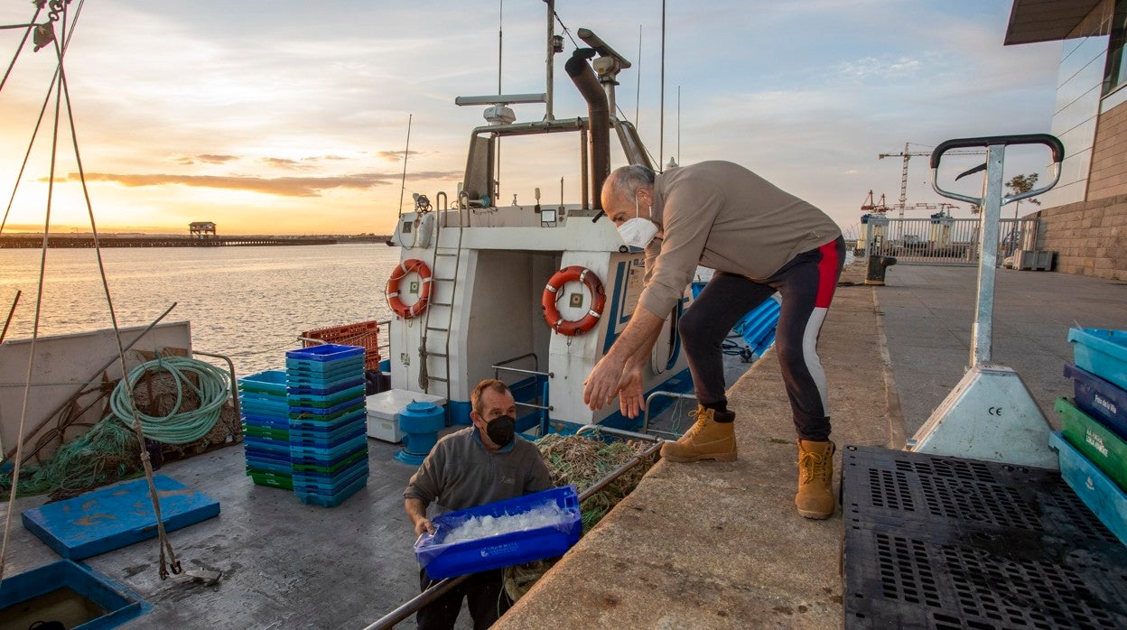 Dos pescadores descargan un barco en la Lonja de Huelva