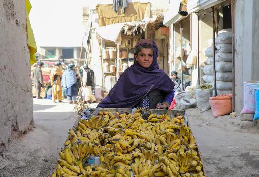 Rafiqullah, de 12 años, vende bananas en Tarinkot, capital de la provincia de Uruzgan en Afganistán. Debido a la pobreza y la falta de acceso a servicios sociales, no puede asistir a la escuela.