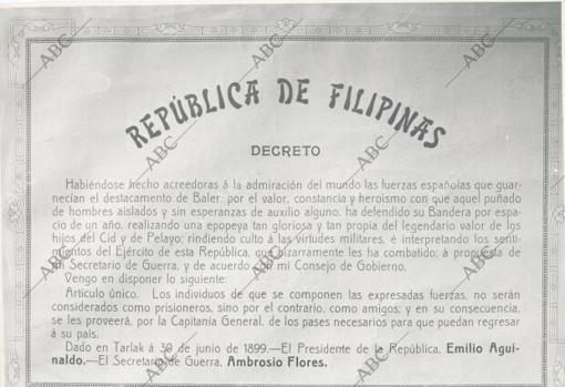 Decreto firmado por Aguinaldo sobre los héroes de Baler