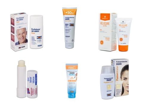 De izquierda a derecha y de arriba a abajo, 1. Isdin Eryfotona AK-NMSC Fluido SPF 100+, 50 ml, 2. Isdin Fotoprotector SPF 50+ Gel Crema, 250 ml, 3. Heliocare Ultra 90 SPF50+ Gel, 50 ml, 4. Neutrogena Protector Labial SPF 20, I5. sdin Fotoprotector SPF 50+ Pediatrics Extrem Gel-crema 250 ml y 6. Isdin Fotoprotector Fusion Water SPF 50+, 50 ml.