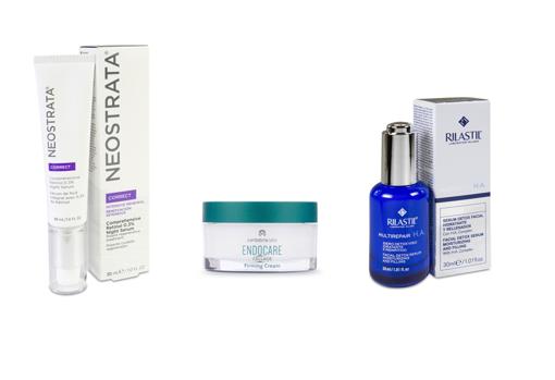 De izquierda a derecha, Neostrata Correct Retinol Sérum Noche, Firming Cream de Endocare Cellage y Rilastil Multirepair Sérum H.A.