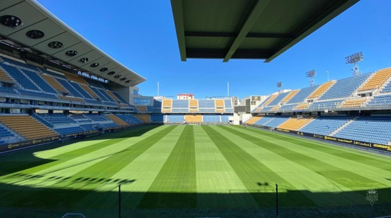 Imagen que ofrece el campo del estadio Carranza tras la resiembra.