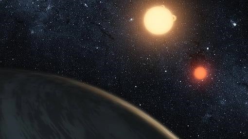 Recreación de Kepler 16-b, el planeta que orbita dos estrellas