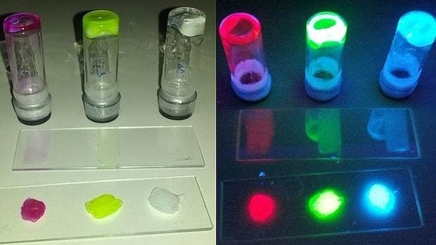 Gomas con proteínas luminiscentes roja, verde y azul usadas para fabricar los BioLED