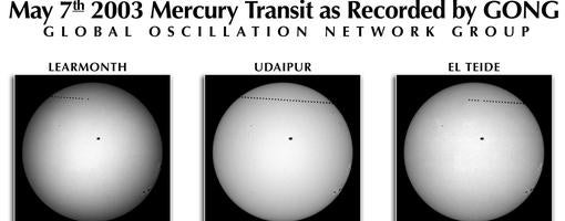Último tránsito de Mercurio visible desde Europa. La sucesión de puntos superiores son el planeta Mercurio mientras que cerca del centro del disco solar se puede observar una mancha solar