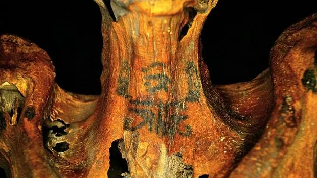 Dos babuinos sentados alrededor de un ojo de Horus, en el cuello de la momia
