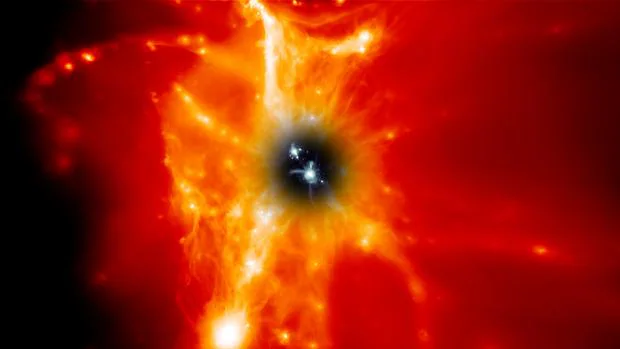 Aunque el halo galáctico aparece negro a nuestros ojos, contiene gas muy caliente. Una galaxia como la nuestra (en el centro de la imagen), puede tener un medio circumgaláctico (CGM) de más de un millón de años luz.