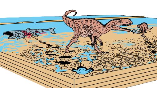 Reconstrucción del ambiente en el que los megalosáuridos iban y volvían hacia la laguna para comer