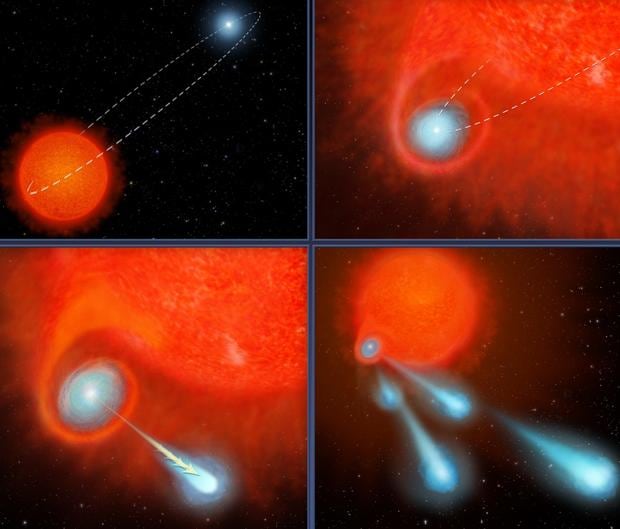 Ilustración de cómo el sistema binario de estrellas V Hydrae lanza bolas de plasma al espacio