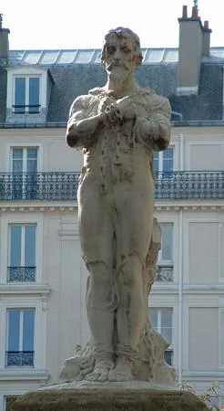 Estatua de Miguel Servet maniatado a la estaca de la hoguera, en la plaza Aspirant Dunand de París