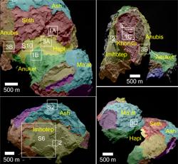 67P visto desde diferentes orientaciones, con las regiones delimitadas