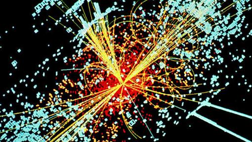 Simulación de un choque de partículas en el gran colisionador (LHC)