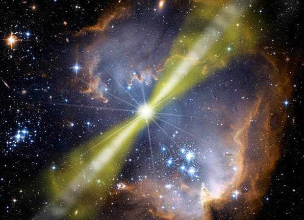 Representación de una ráfaga de rayos gamma. Pueden aparecer cuando una estrella muere y origina un agujero negro