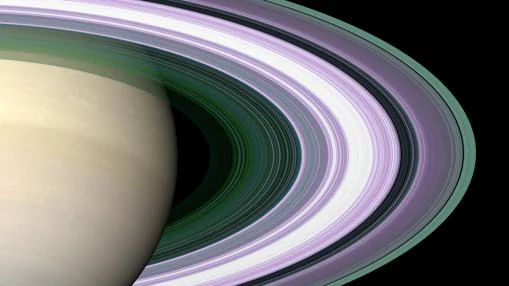 Fotografía en falso color de los anillos. Cada color representa un distinto tamaño de partícula. La información se ha obtenido con señales de radio de Cassini