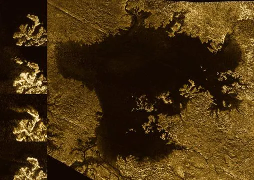 Imágenes de radar captadas por Cassini de Ligeia Mare, un enorme mar de hidrocarburos en Titán