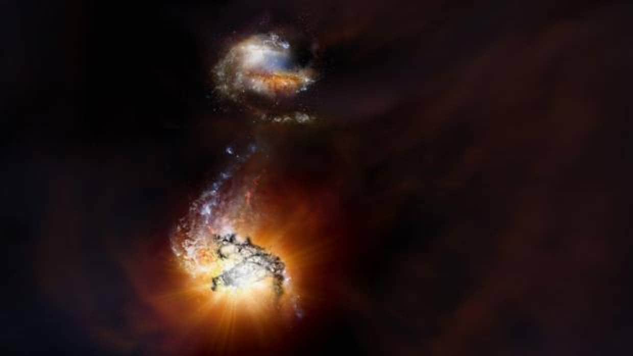 Impresión artística de dos galaxias que forman estrellas a gran velocidad, próximas a fusionarse