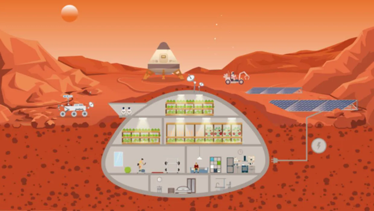 Una recreación de cómo sería el hábitat de los colonos de Marte, viveros incluidos