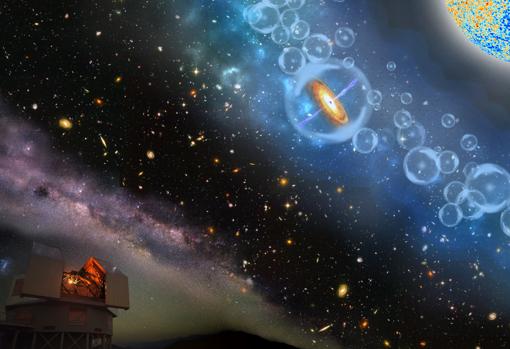 El cuásar descubierto existía en la era de la reionización del Universo, y estaba rodeado por hidrógeno neutral (en azul)