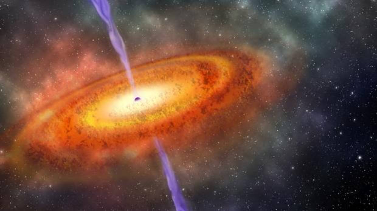 Representació del agujero negro descubierto, situado a cerca de 13.000 millones de años luz de distancia